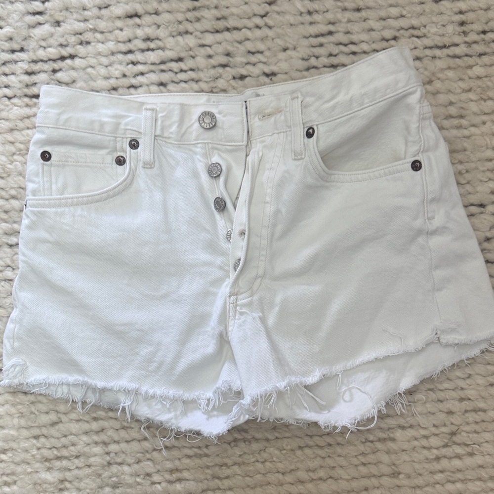 Agolde White Jean Shorts with Frayed Hem